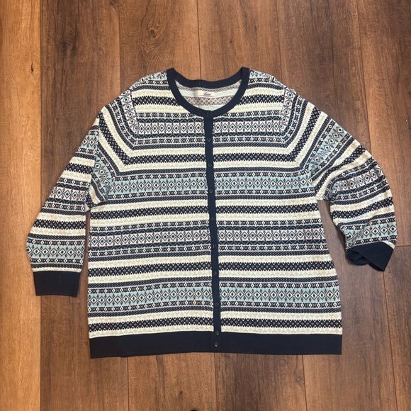 Croft & Barrow Womens Plus 2X Nordic Cardigan Sweater Open Front Blue Fair Isle - Picture 2 of 10